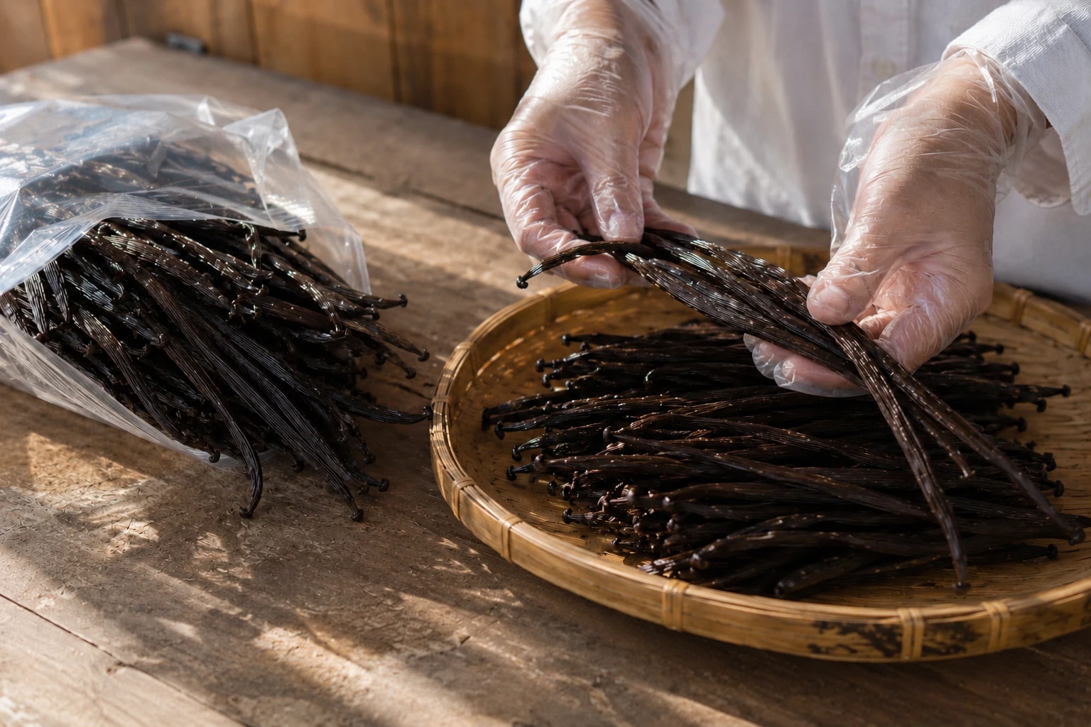 Vanilla pods and flower on wooden table